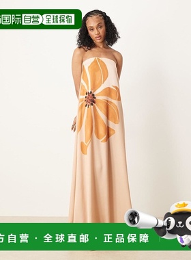 1h可退 香港直邮ASOS 女士 设计长筒抹胸梯形缎面黄色印花长款连