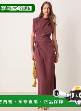 1h可退 香港直邮ASOS 女士 设计高领垂坠褶裥深紫色中长连衣裙