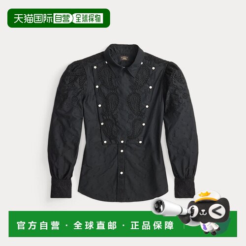 自营欧洲直邮Ralph Lauren拉夫劳伦 女士黑色棉质刺绣胸前褶皱衬