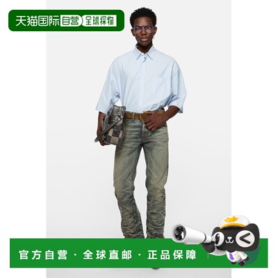 自营欧洲直邮Acne Studios 男士婴儿蓝色棉质条纹短袖衬衫