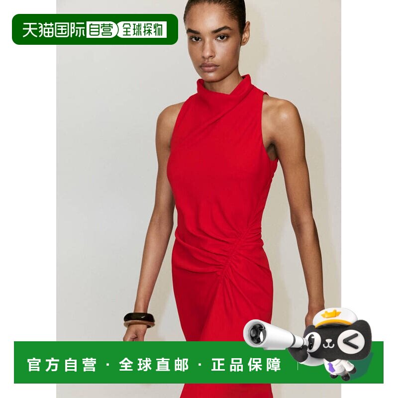 自营欧洲直邮MANGO 女士红色聚酯纤维褶皱垂坠领中长吊带连衣裙图片