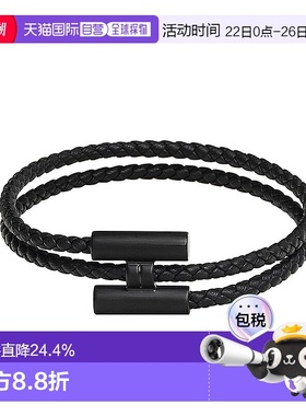 自营1h可退 欧洲直邮Hermes爱马仕编织手链男士黑色小牛皮金属