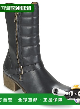 欧洲直邮kickers 女士黑色皮革中筒拉链皮带扣帅气复古时尚西部靴