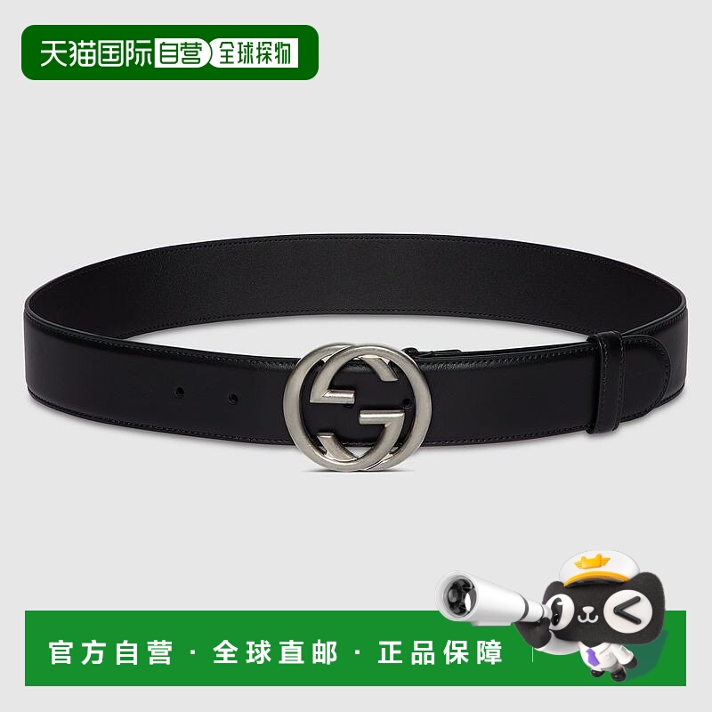 自营欧洲直邮Gucci古驰男士黑色皮革GG织带扣交皮带腰带