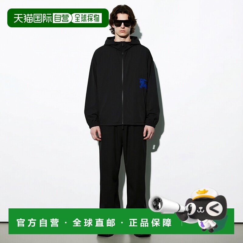 自营Burberry/博柏丽 男士黑色锦纶马术骑士图案连帽夹克外套