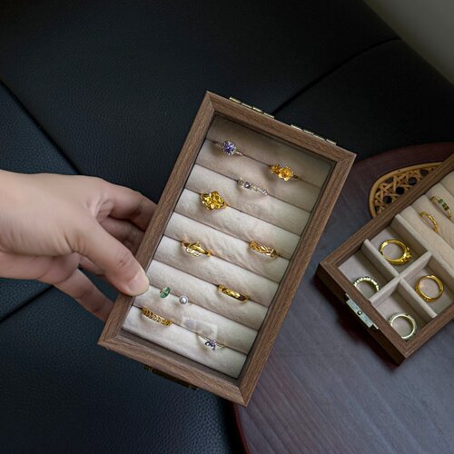 黑胡桃木纹高档精致便携首饰盒小型手饰品戒指项链耳钉耳饰收纳盒
