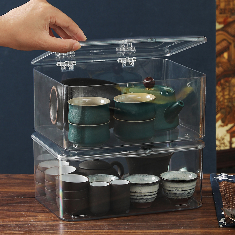 妙遇桌面简约翻盖透明茶具收纳盒