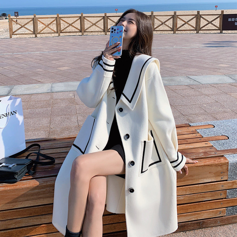 海军领风衣外套女秋冬2021年新款气质女神范韩版赫本风毛呢大衣