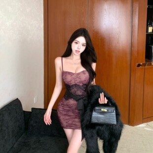 跨境法式 气质御姐收腰包臀短裙2659 纯欲拼接蕾丝吊带连衣裙女装