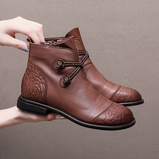复古女靴短靴平底软底大码头层牛皮2025冬新款真皮民族风春秋单靴