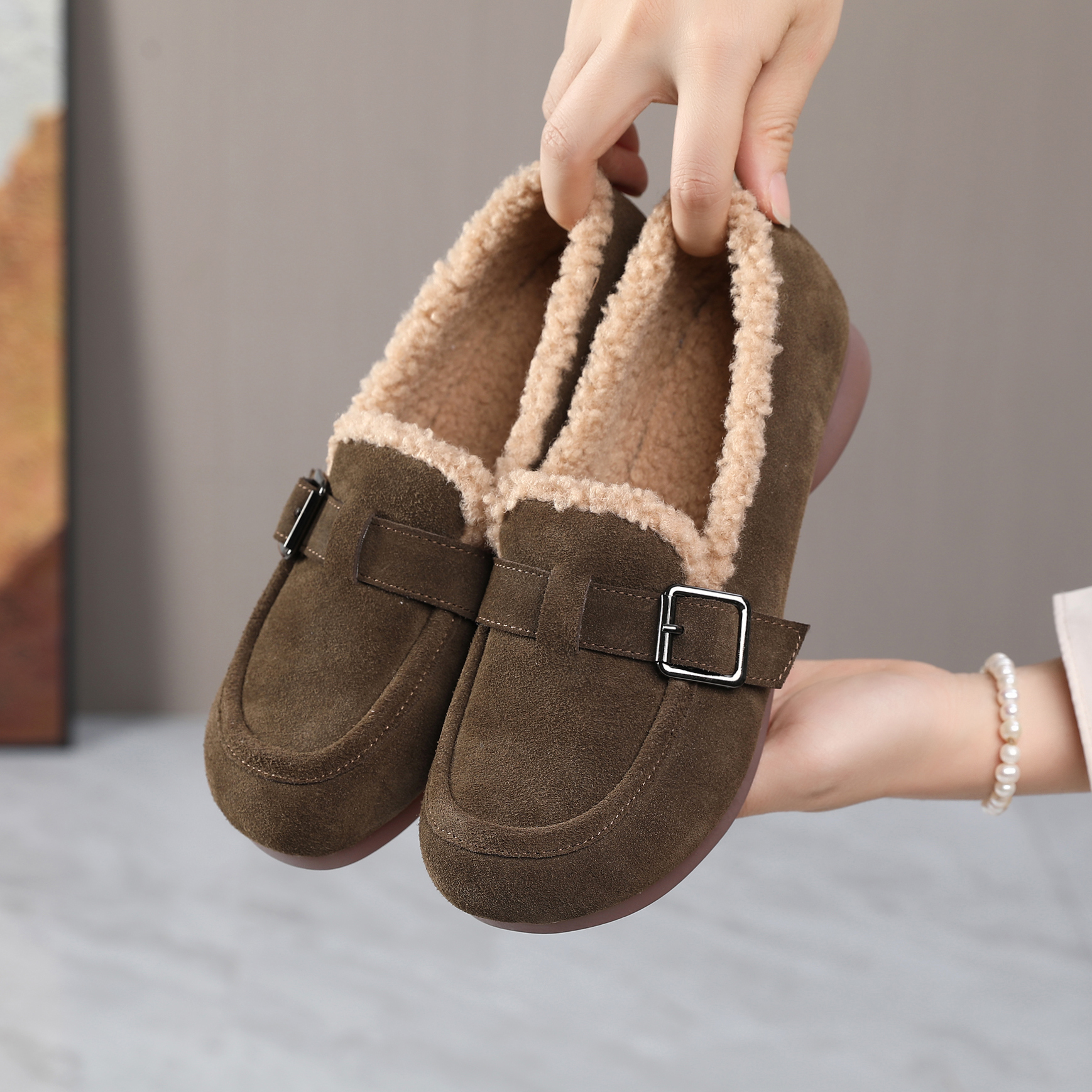 勃肯鞋女冬加绒新款真皮软底大码