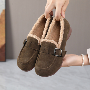 勃肯鞋女冬加绒外穿2024新款毛毛鞋大码真皮带扣软底妈妈豆豆棉鞋