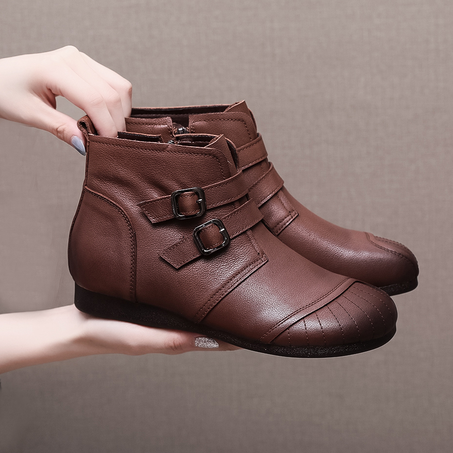 短靴复古女软底真皮大码妈妈棉鞋