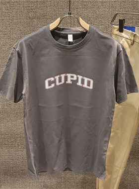 喜吉良简约240g椰灰色短袖丘比特英文印花落肩圆领t恤男宽松半袖
