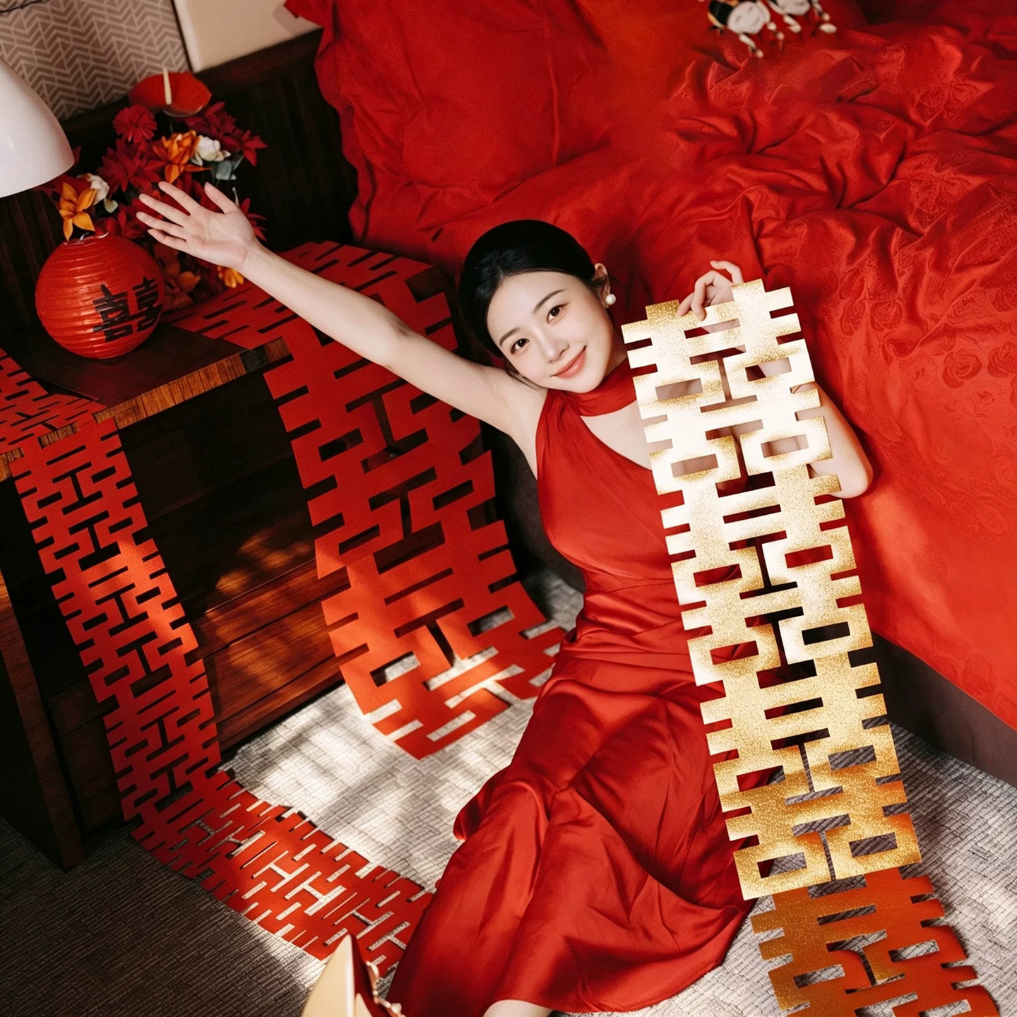 金色长条喜字婚房布置新娘晨袍