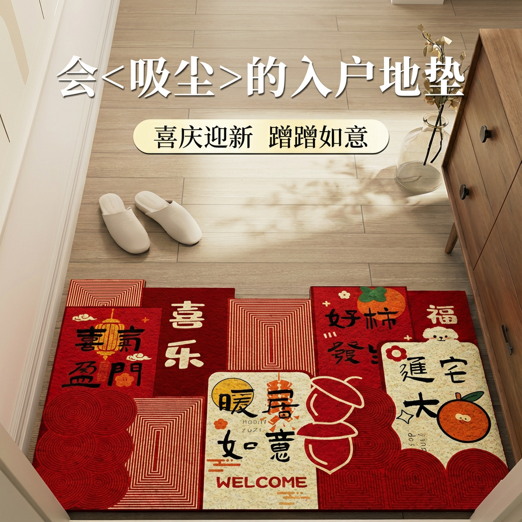 新款马年喜庆地毯入户门红色丝圈防滑地垫新年刮沙进门蹭灰脚垫,居家布艺,入户地垫,淘宝优惠券,粉丝福利购,淘宝优惠卷