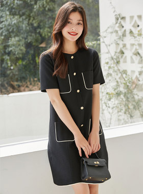 夏法式小香风撞色减龄收腰显瘦气质通勤百搭短袖连衣裙15207