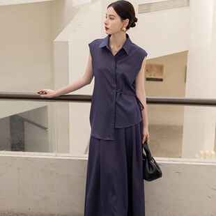蓝色衬衫半身裙套装夏季宽松短袖上衣A字伞裙长款通勤两件套