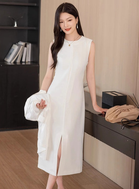 TH款三醋酸白色无袖连衣裙女夏季简约知性优雅圆领开叉背心裙