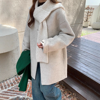 新款单排扣针织围巾中长款双面羊毛大衣 宽松廓形加厚羊绒外套女