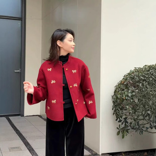 2026新款新年战袍马到成功刺绣新中式双面羊毛大衣女复古气质
