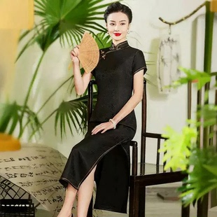 高端黑色花螺真丝新款优雅时尚老上海交织桑蚕丝手工长款旗袍