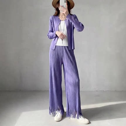 春夏新款褶皱流苏套装女 开衫 阔腿裤两件套肌理感通勤休闲套装