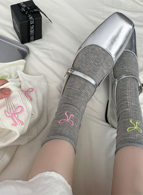 夏季薄款蝴蝶结袜子女中筒彩色AB袜韩版堆堆袜灰色miu风长袜纯棉