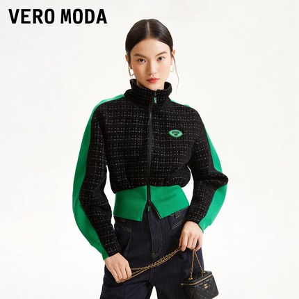 Vero Moda奥莱外套女春秋新款收腰短款半高领格纹撞色拼接上衣