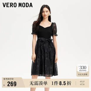 Vero 蝴蝶结系带印花网纱拼接甜美 Moda奥莱连衣裙2025夏季 新款