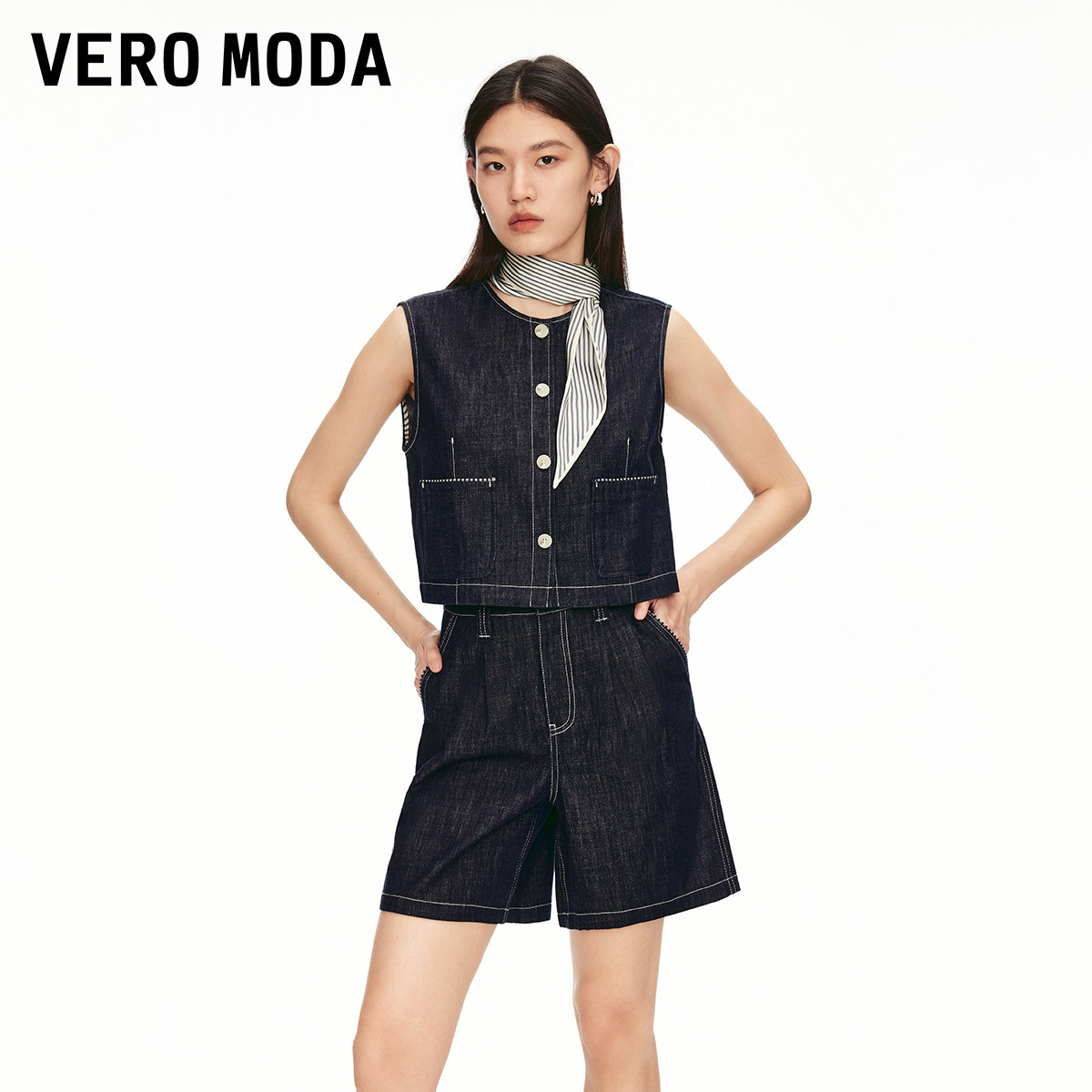 Vero Moda奥莱牛仔短裤女夏季新款纯棉明线高腰压褶休闲时尚