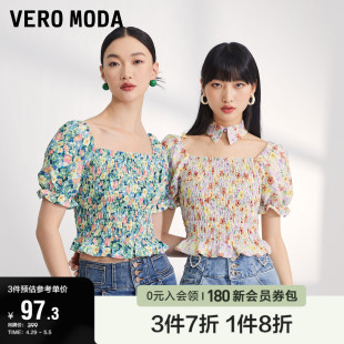 VeroModa奥莱雪纺衬衫 百搭上衣女 清仓甜美碎花印花方领泡泡袖 夏季