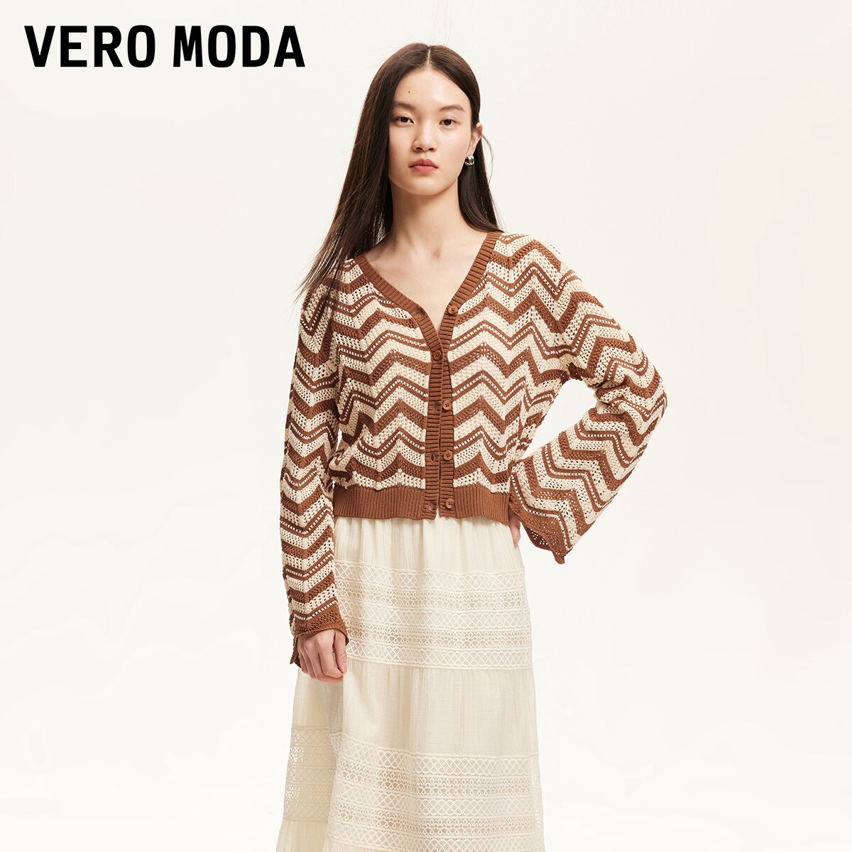 Vero Moda奥莱针织开衫女夏季新款镂空V领短款上衣甜美时尚