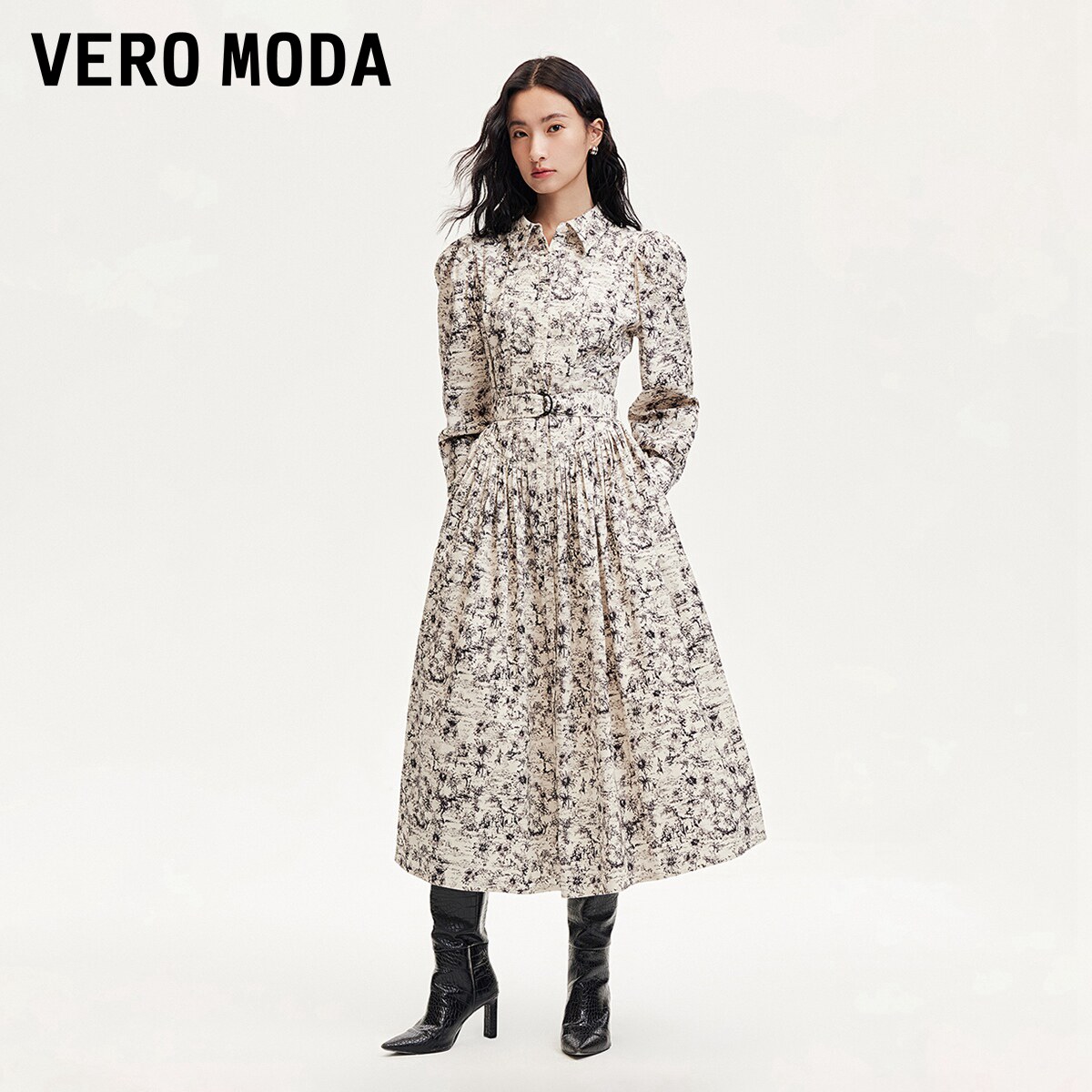 Vero Moda奥莱连衣裙春秋新款复古满印泡泡袖长裙收腰气质流