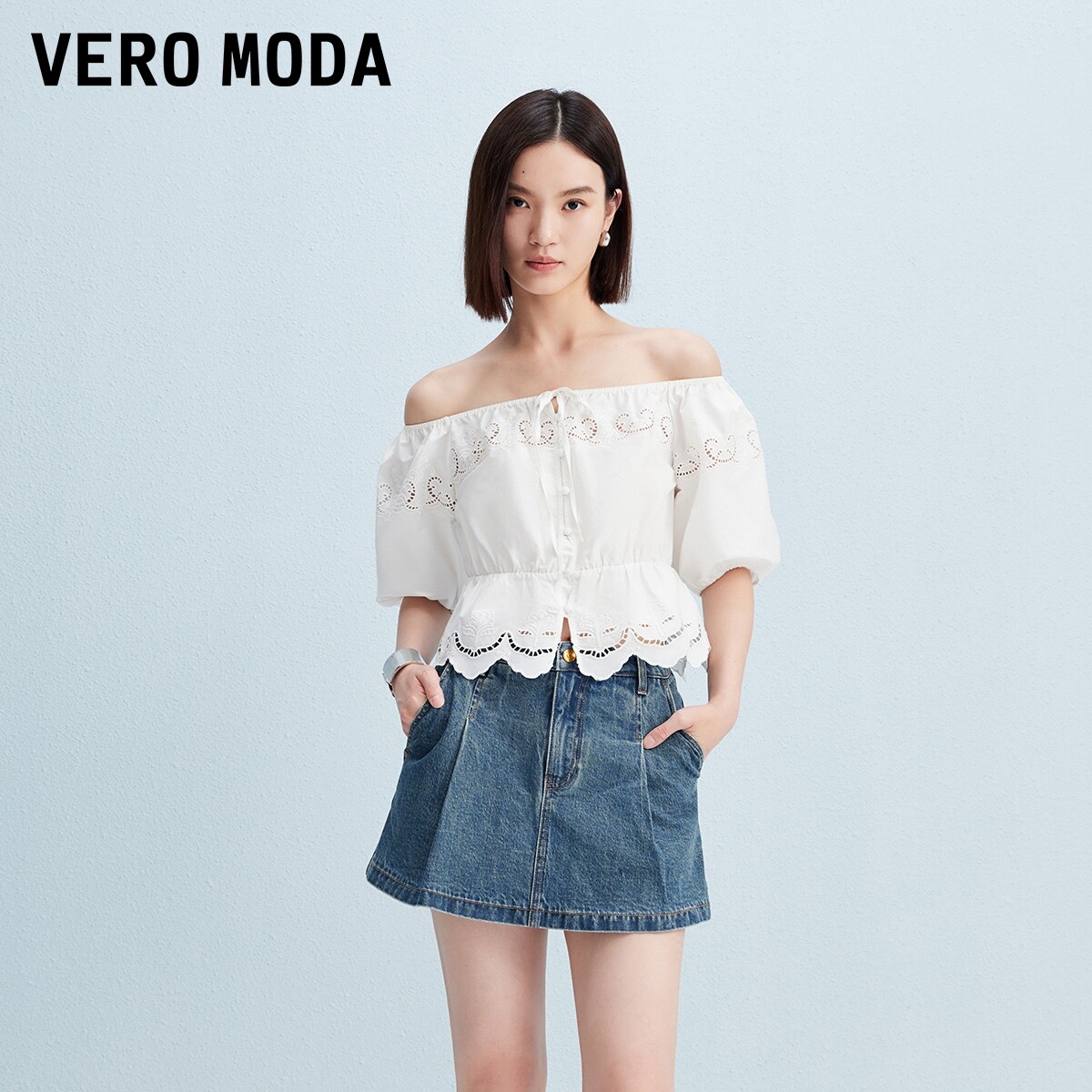 Vero Moda奥莱牛仔短裤女夏季新款含棉捏褶高腰裙裤百搭时尚
