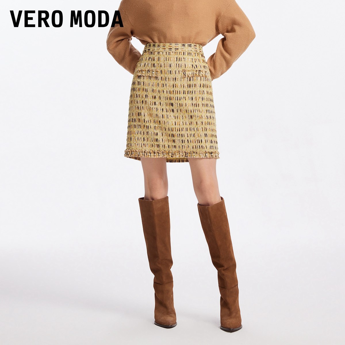 Vero Moda奥莱半身裙秋冬清仓高腰优雅气质小香风粗花呢短裙