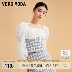 Vero Moda奥莱上衣女春秋清仓拼接方领短款泡泡袖甜美时髦百搭