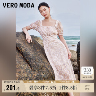 碎花甜美中长裙子 Vero Moda奥莱连衣裙夏季 新款 收腰A摆方领泡泡袖