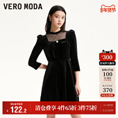 Vero Moda奥莱连衣裙子秋冬清仓丝绒薄纱拼接甜美复古收腰短裙女
