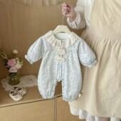 婴儿春季 外出服 连体衣女宝宝卡通碎花翻领哈衣新生儿公主双层长袖