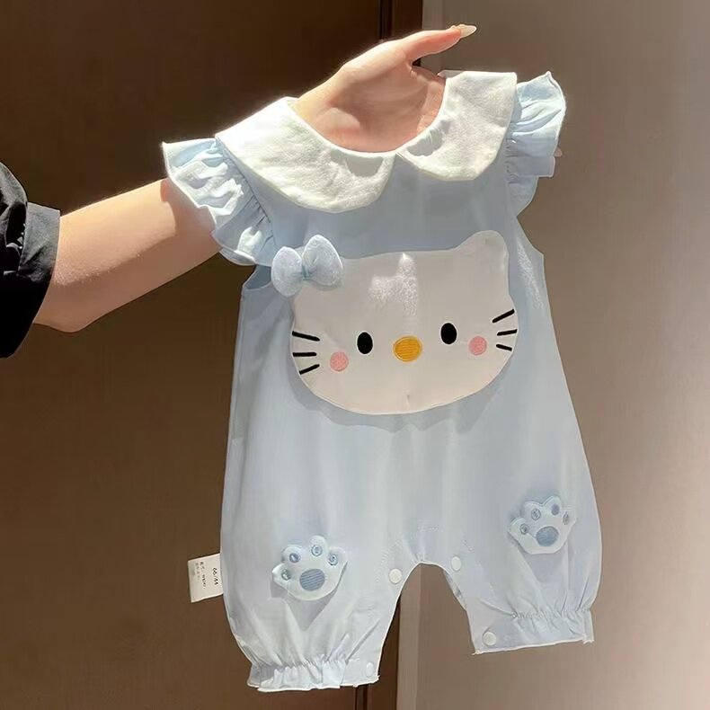 甜美风女宝宝夏季荷叶领卡通可爱猫咪短袖连体衣透气连体哈衣爬服