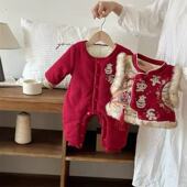 新中式 加绒连体衣婴儿红色刺绣毛领开襟爬服新年拜年服男女宝宝