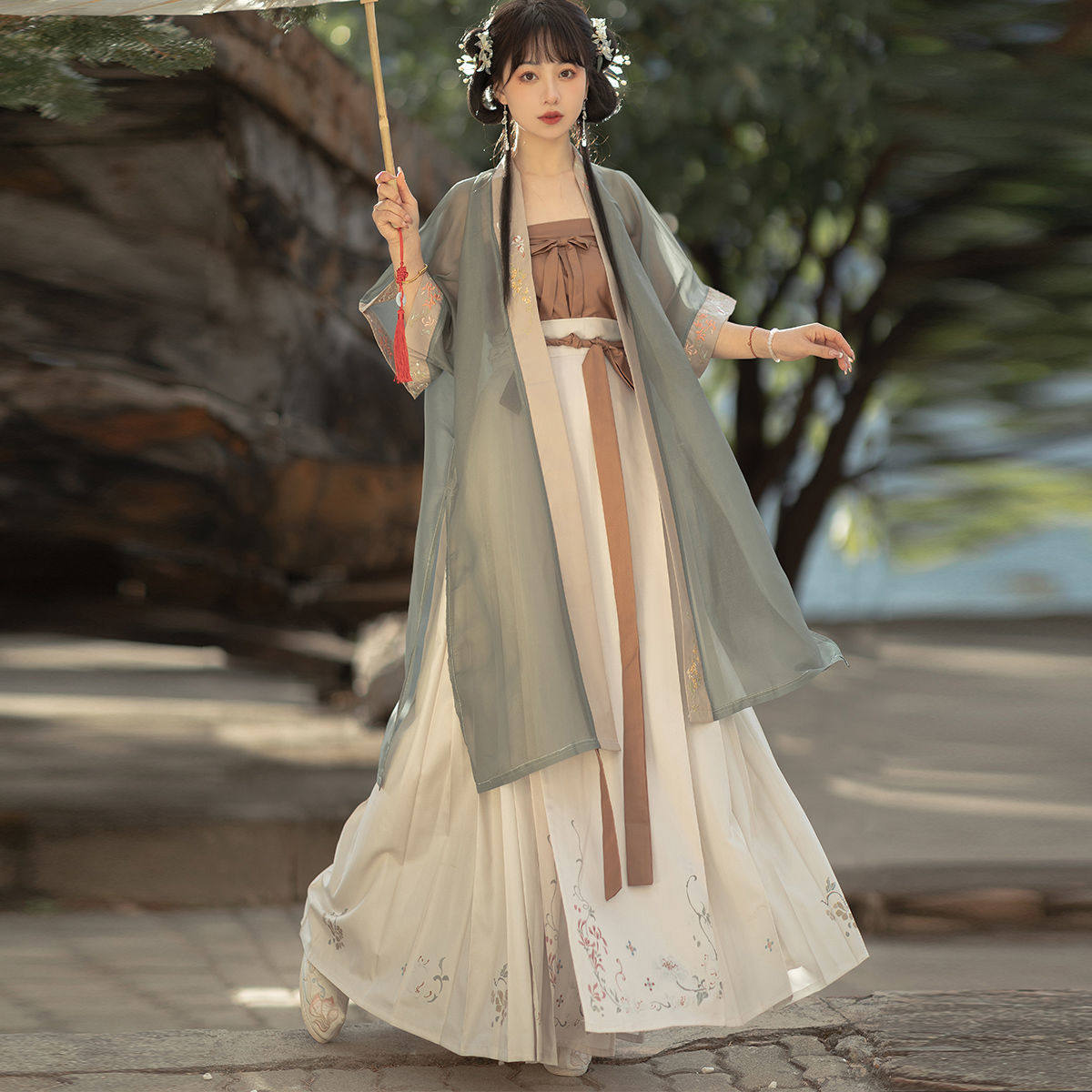 MIDU  송나라 수 놓은 바지 허리 길이 인쇄 고대 의상 성인 HANFU 여학생 봄 여름 스타일