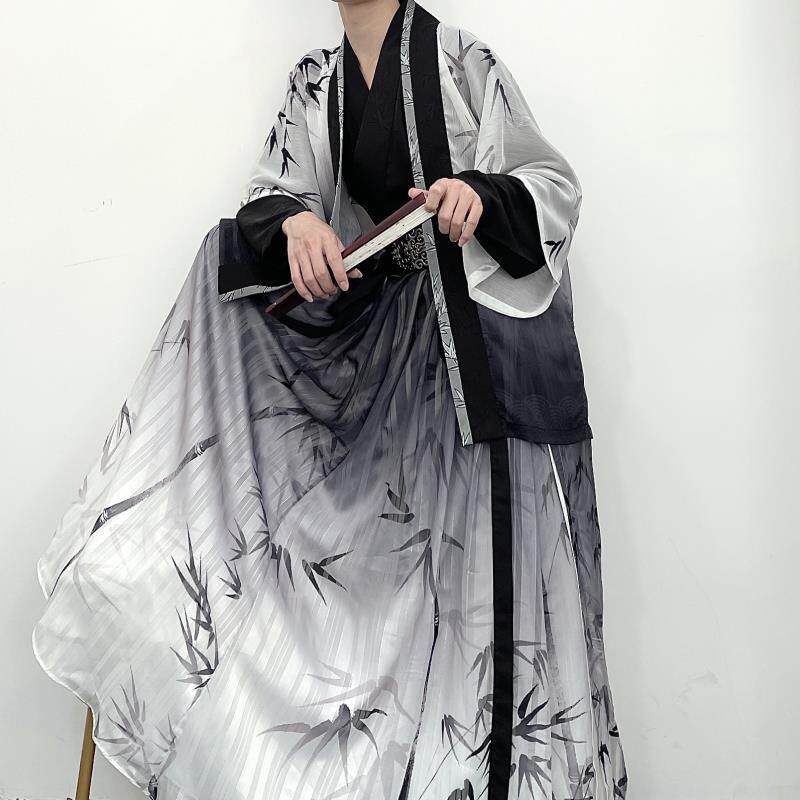 HANFU 중국 스타일 기사도 잘 생긴 비 의상 남성과 여성 같은 스타일 송나라 매일 HANFU 대나무 잎 인쇄 허리 길이 양복