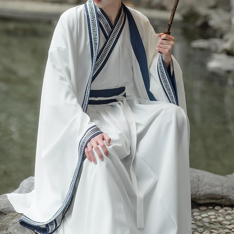 고대 스타일 HANFU 남성과 여성 커플 의류 고대 의상 기사도 학자 흰색 크로스 칼라 허리 길이 언더 셔츠 그룹 봄 여름 3 피스 세트