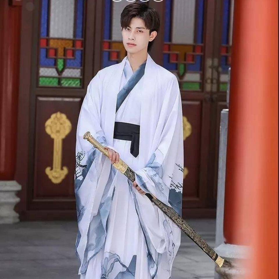 HANFU 남자의 요정 스타일 고대 스타일 남자의 검은 용 패턴 자수 웨이와 진 중국 스타일의 의상 성능 의류 한 요소 완전한 세트