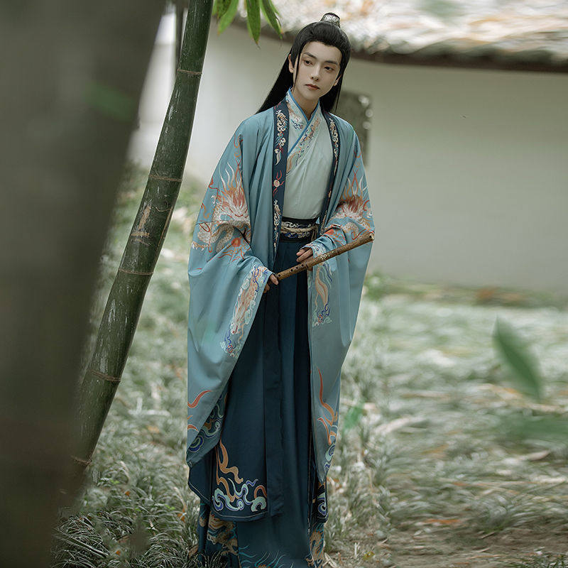 MIDU [FLOATING BOAT] 오리지널 HANFU 남성 봄 여름 크로스 칼라 프린트 슈트 웨이 진 스타일 학생 기사 대형 소매
