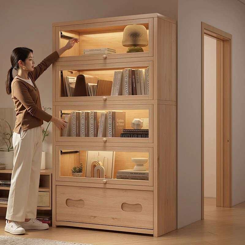 书架实木书柜储物柜一体靠墙带门展示柜防尘置物柜简易落地置物架