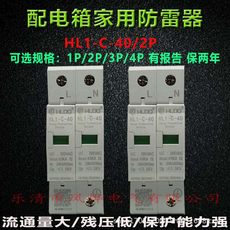 沪雷电源浪涌保护器HL1-C40/2P两相家用配电箱SPD避防雷器模块