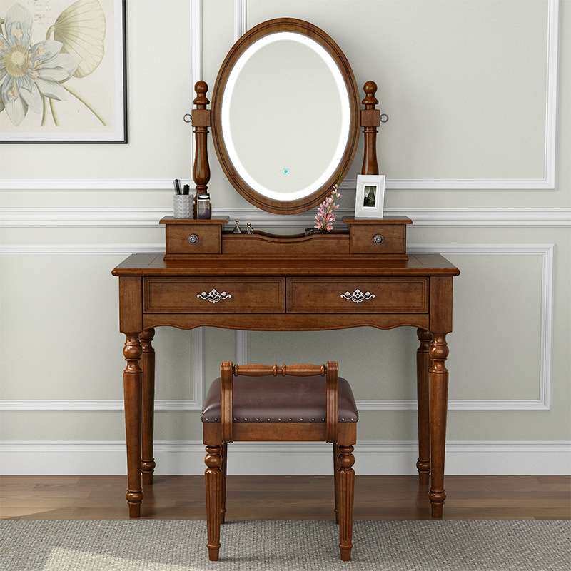 欧式简约智能带灯梳妆台美式全实木化妆台小户型妆台镜大容量